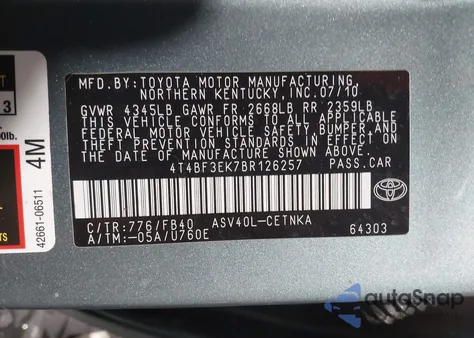 2011 Toyota Camry Le from USA, damaged, VIN 4T4BF3EK7BR126257